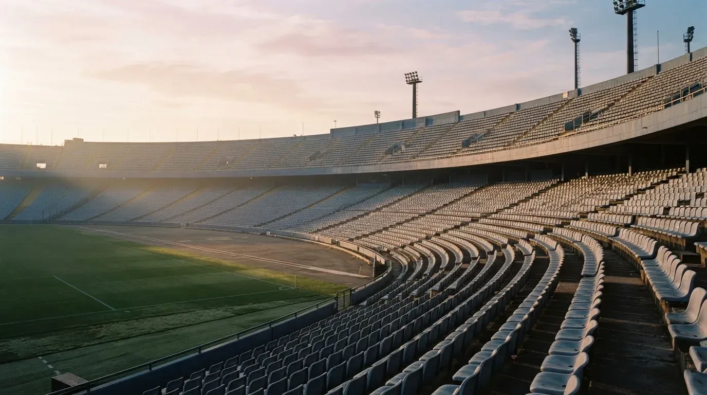 Eine leere Stadiontribüne bei Sonnenaufgang aus der Ferne, lange Schatten fallen über die Sitzreihen
