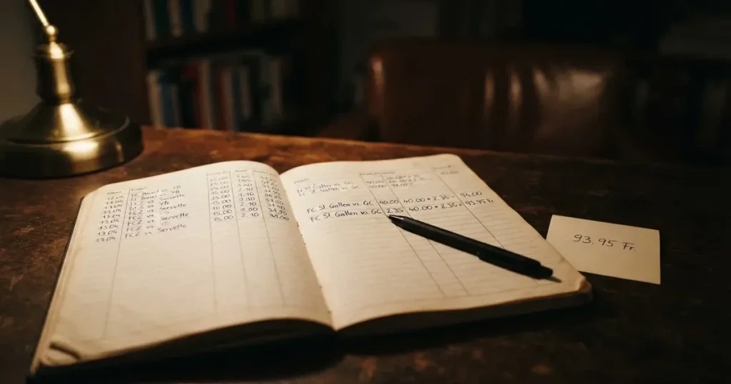 Ein Notizbuch mit handschriftlichen Spalten und ein Kugelschreiber neben einem Taschenrechner, Licht einer Schreibtischlampe
