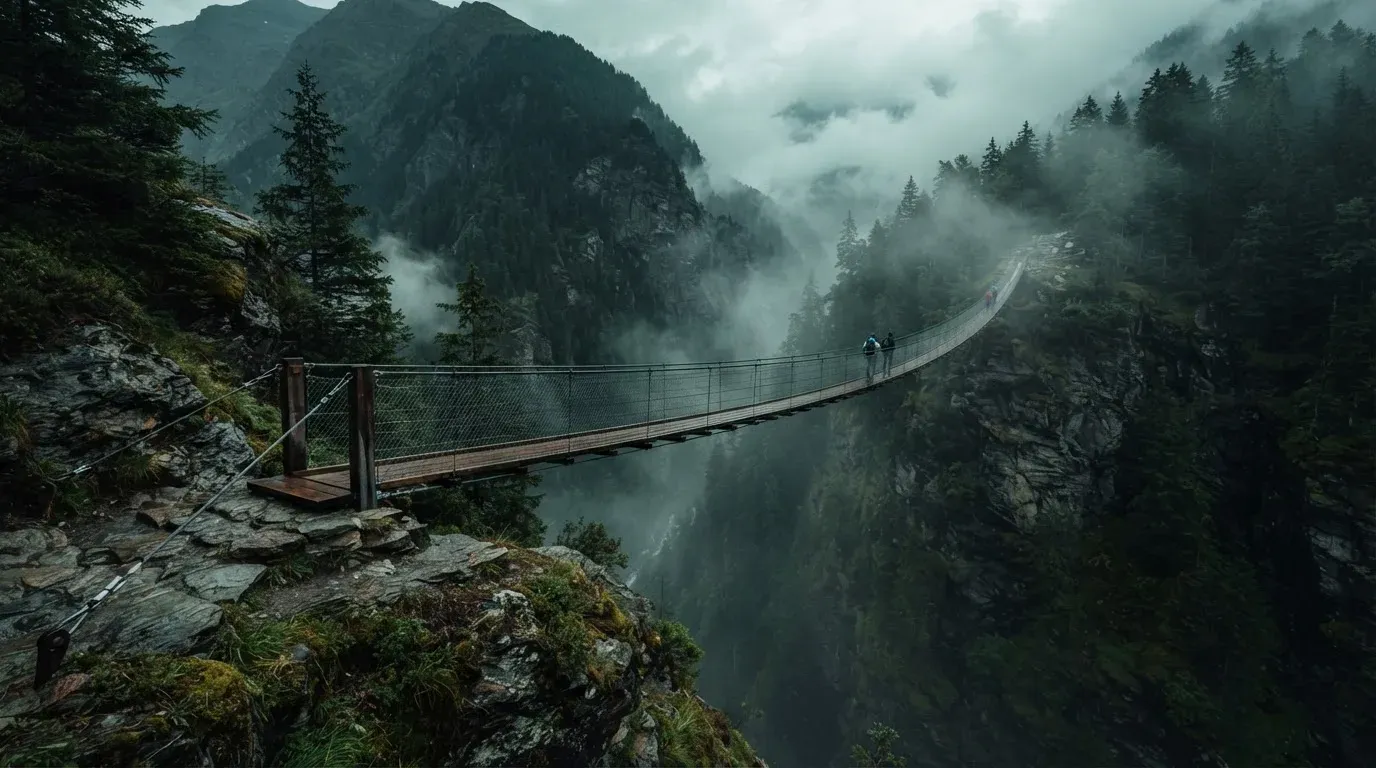 Eine Hängebrücke über eine Schlucht, Nebel steigt auf, dichter Wald bedeckt die steilen Hänge