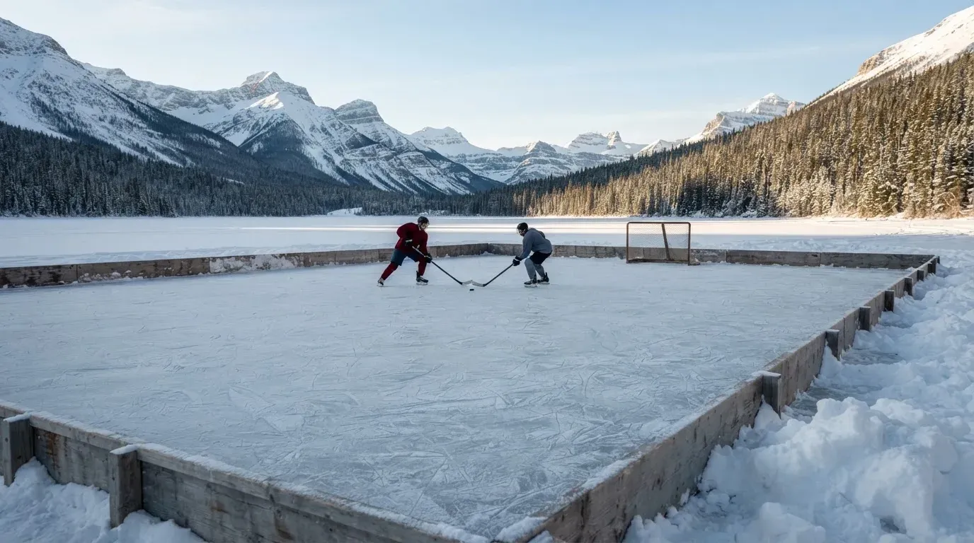 Ein Eishockeyfeld im Freien auf einem zugefrorenen See, Schneewehen an den Banden, klare Winterluft