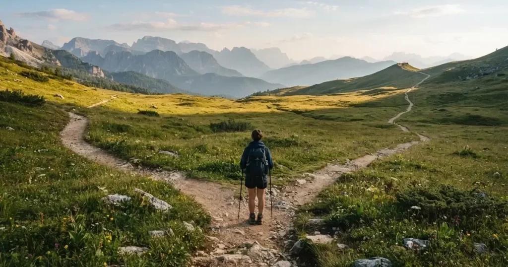 Zwei Wanderwege gabeln sich auf einer Wiese, dahinter steht eine Bergkette im Dunst