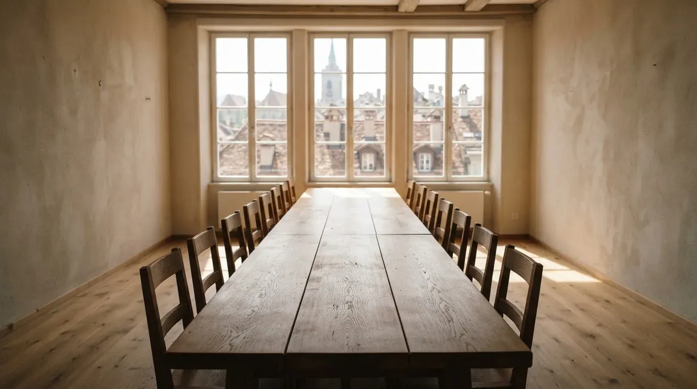 Ein langer Holztisch mit leeren Stühlen in einem hellen Raum, die Fenster geben den Blick auf Dächer frei