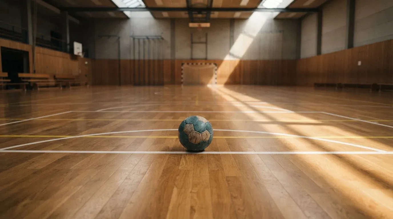 Ein Handball liegt auf dem Hallenboden einer leeren Sporthalle, Streifen von Licht aus den Oberlichtern