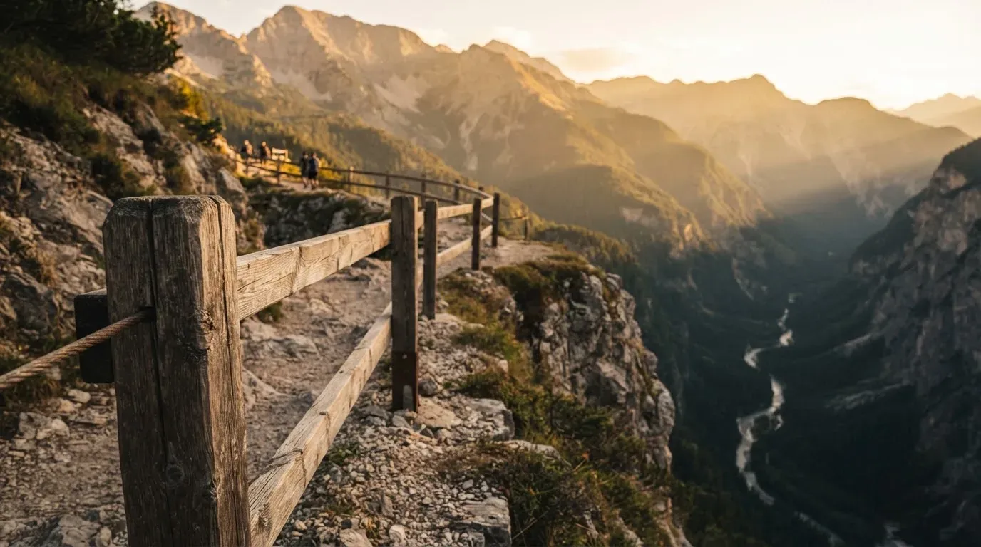 Ein stabiles Holzgeländer am Rand eines Wanderwegs über einer Schlucht, Gegenlicht über den Hängen