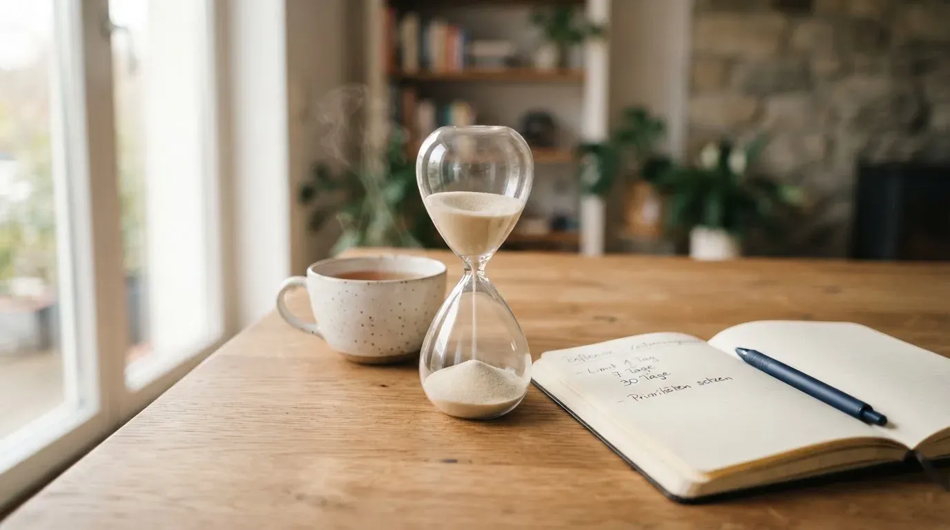 Eine Sanduhr steht neben einem Notizbuch mit handschriftlichen Notizen auf einem Holztisch, daneben dampft eine Tasse Tee.