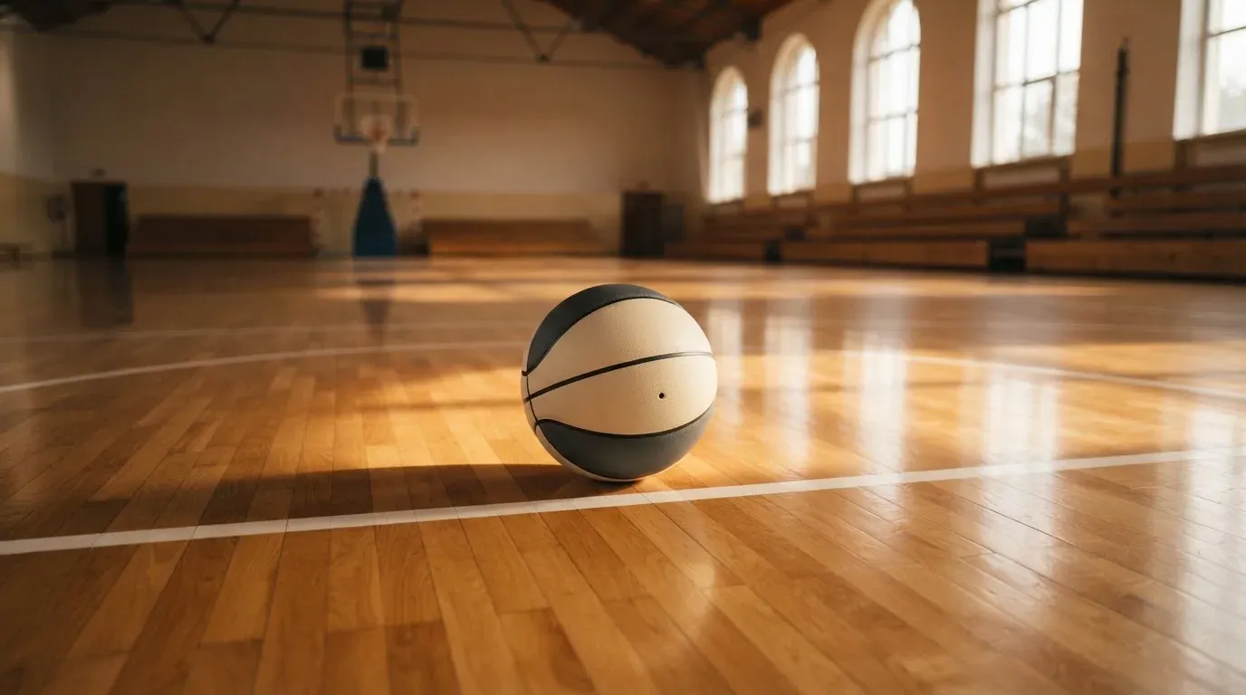 Ein Basketball ruht auf dem polierten Parkett einer leeren Halle, Nachmittagslicht fällt durch hohe Fenster.