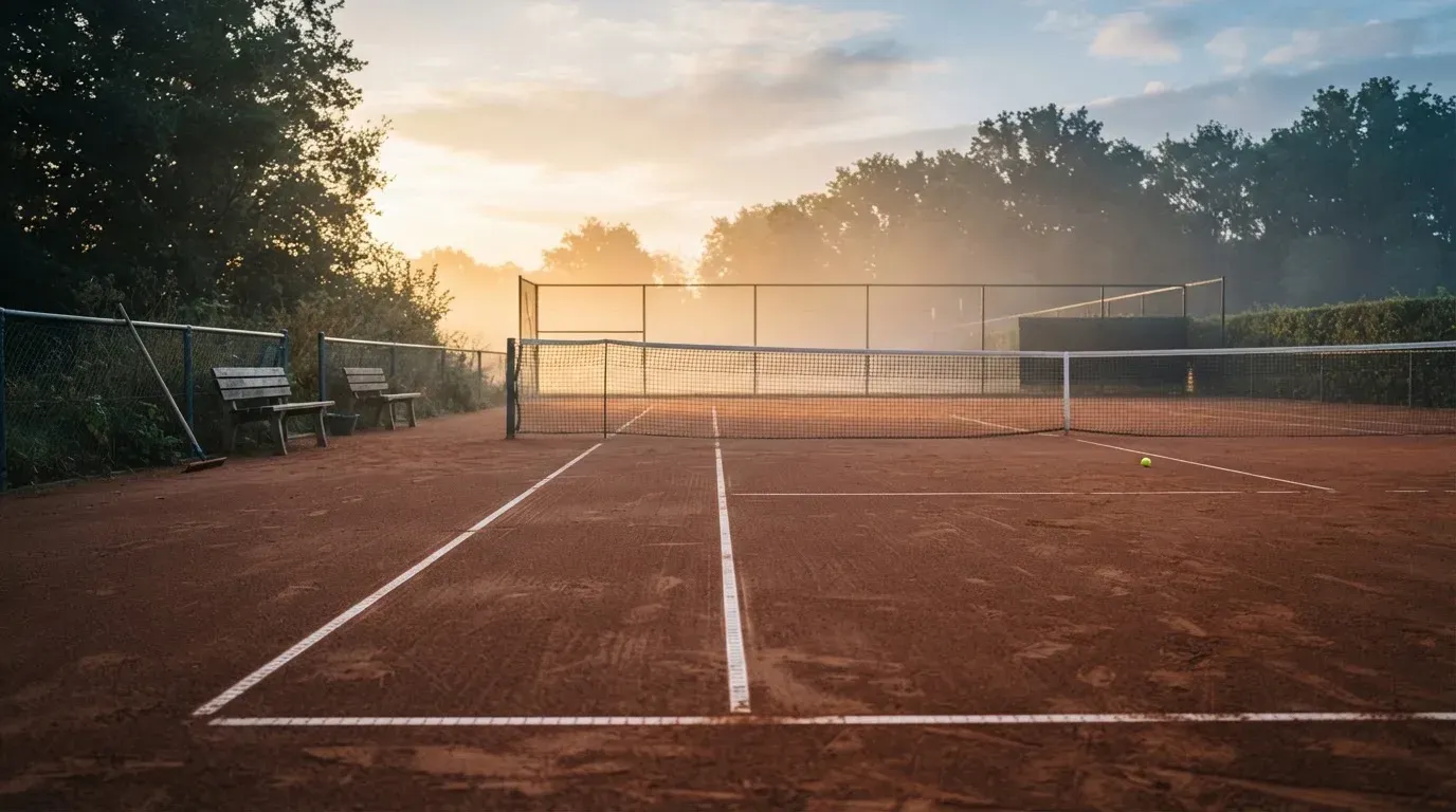 Ein gepflegter Tennisplatz im Morgengrauen, über der Grundlinie hängt leichter Nebel und die Bänke am Rand sind leer.