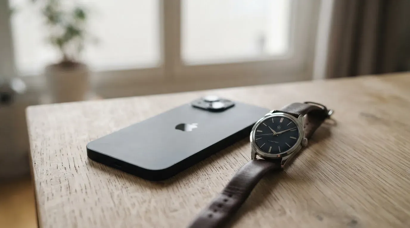 Ein Smartphone liegt mit dem Display nach unten auf einem Tisch neben einer Armbanduhr, im Hintergrund ein unscharfes Fenster.