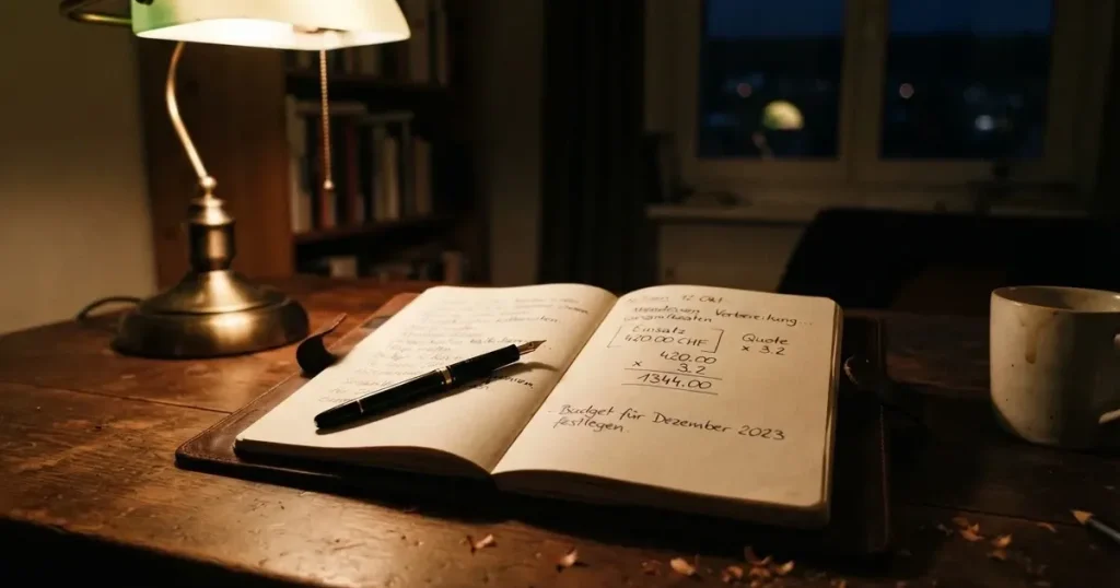 Eine Schreibtischlampe beleuchtet am späten Abend einen Block mit handschriftlichen Notizen und einen Stift.