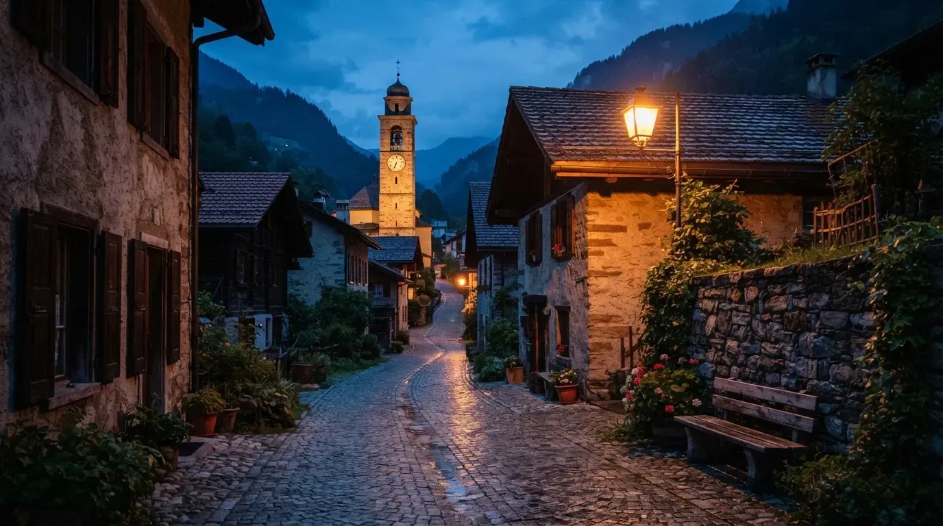 Eine ruhige Dorfstrasse in der Dämmerung mit einer brennenden Strassenlaterne und einem Kirchturm im Hintergrund.