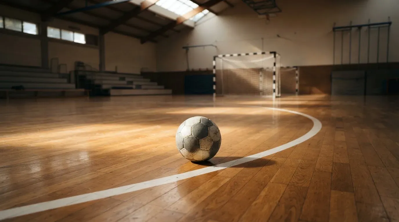 Ein Handball liegt am Rand des Torraums in einer leeren Sporthalle, Licht fällt durch Oberlichter auf den Hallenboden.