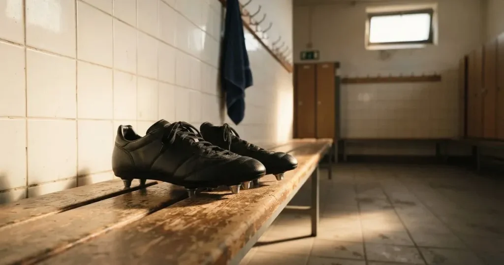 Zwei Fussballschuhe stehen nebeneinander auf einer Holzbank in einer leeren Umkleidekabine.
