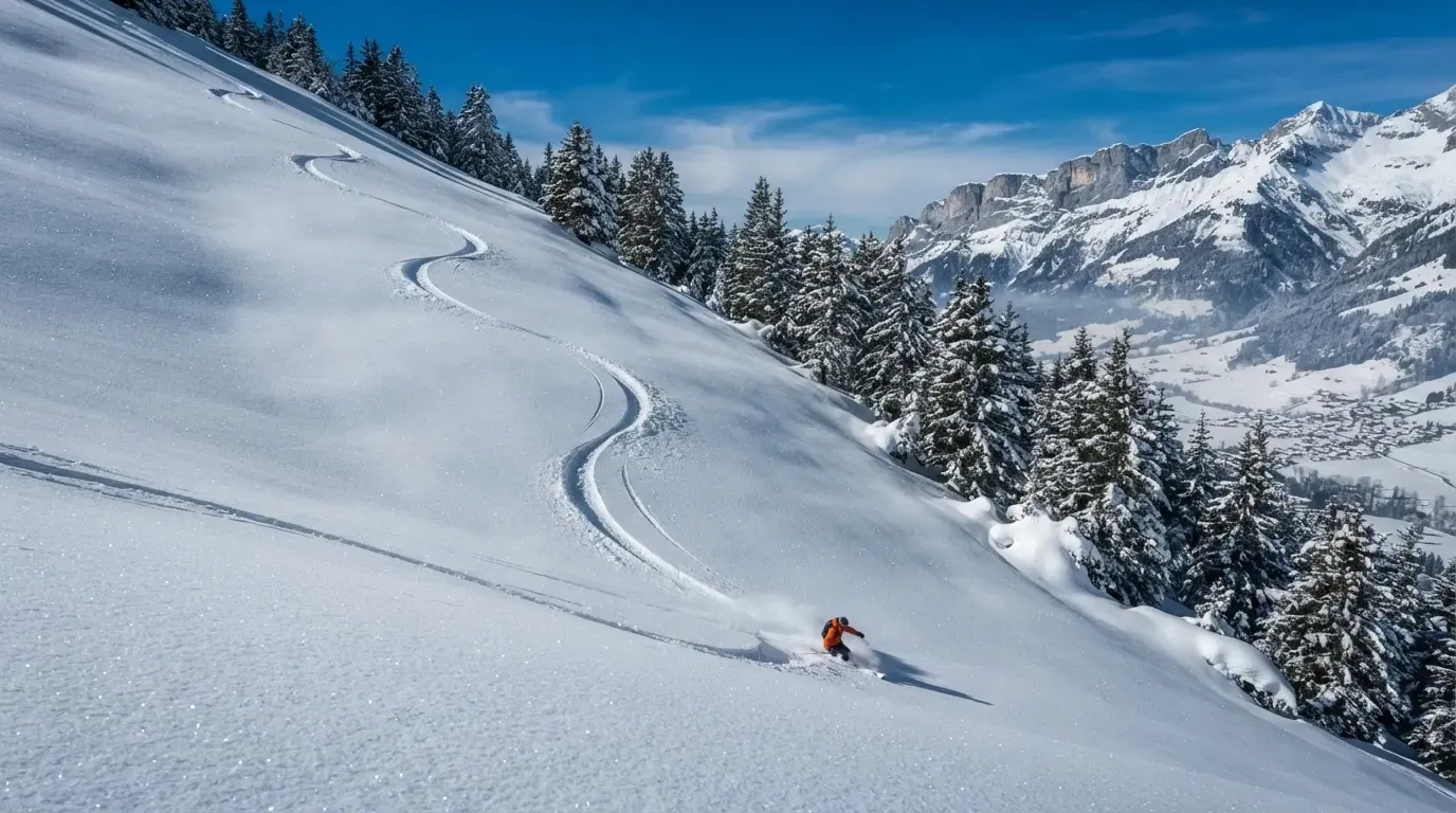 Ein Skihang mit frischen Spuren im Neuschnee unter blauem Himmel, am Rand stehen verschneite Tannen.