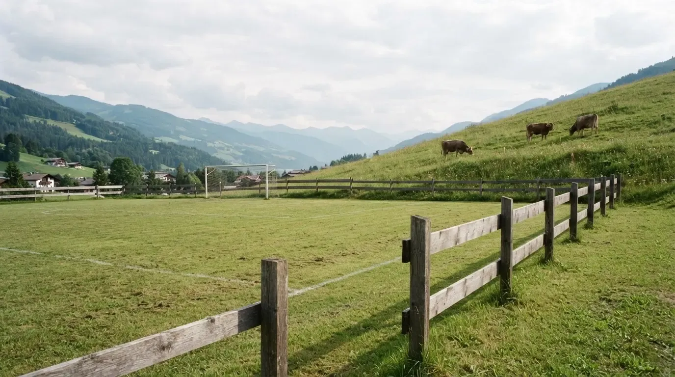 Ein Dorffussballplatz mit Holzzaun am Hang, dahinter grasen Kühe auf einer Weide unter hohen Wolken.
