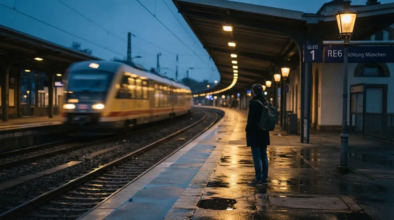 Ein Bahnsteig in der Abenddämmerung, ein Regionalzug fährt unscharf ein und Lichter spiegeln sich auf dem nassen Beton.
