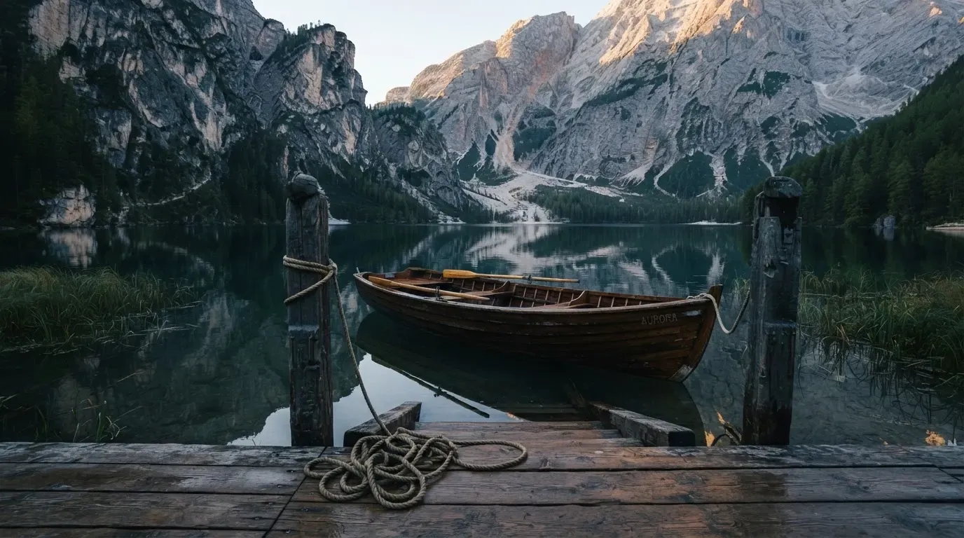 Ein schmales Ruderboot liegt an einem hölzernen Steg an einem Bergsee, dahinter steigen steile Felswände auf.