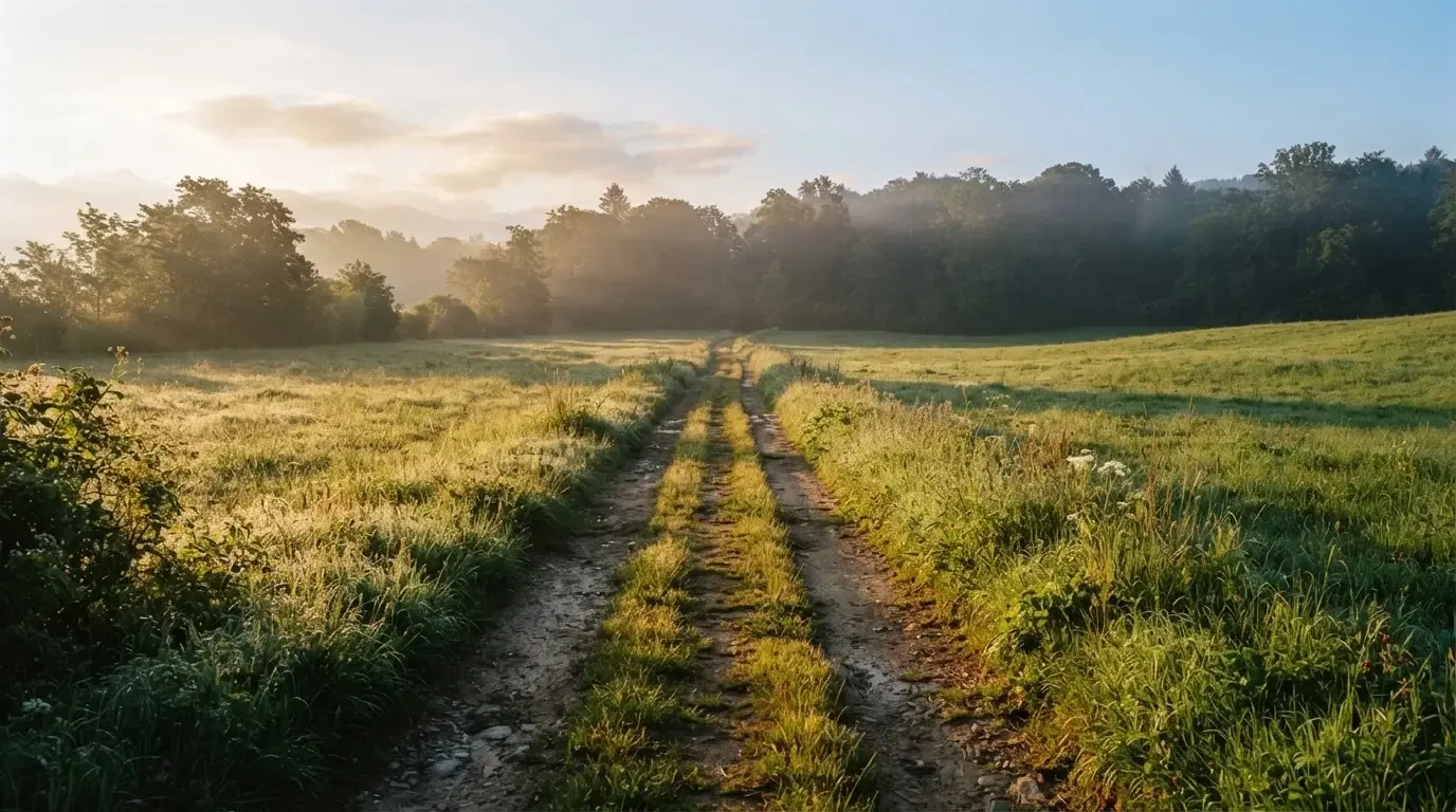 Ein Feldweg führt bei Sonnenaufgang zwischen Wiesen auf ein Waldstück zu.