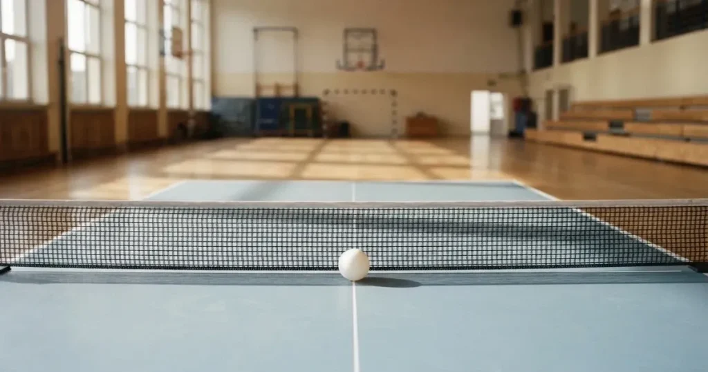 Eine Tischtennisplatte steht in einer leeren Sporthalle, ein einzelner Ball liegt am Netz und Tageslicht fällt von der Seite ein.