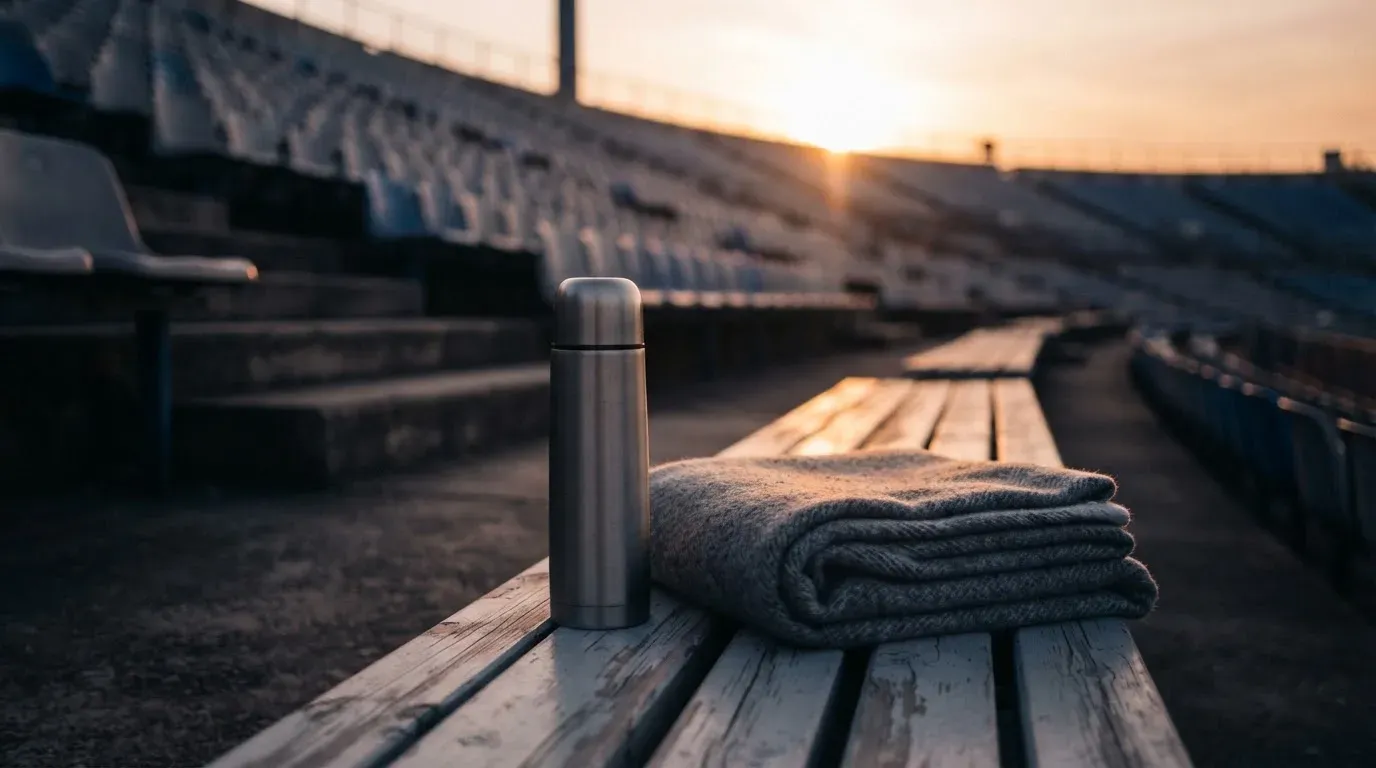 Eine Thermoskanne und eine zusammengelegte Wolldecke stehen auf einer leeren Stadionbank, die Sonne geht hinter den Rängen unter.