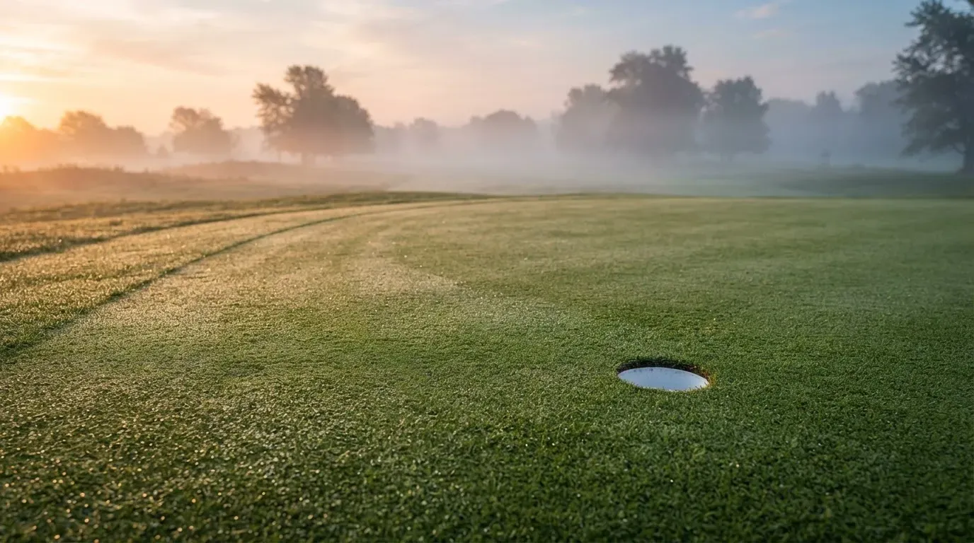 Ein Golfgrün bei Sonnenaufgang mit Tau auf dem Rasen, die Fahnenstange fehlt und im Hintergrund ziehen Nebelschwaden.