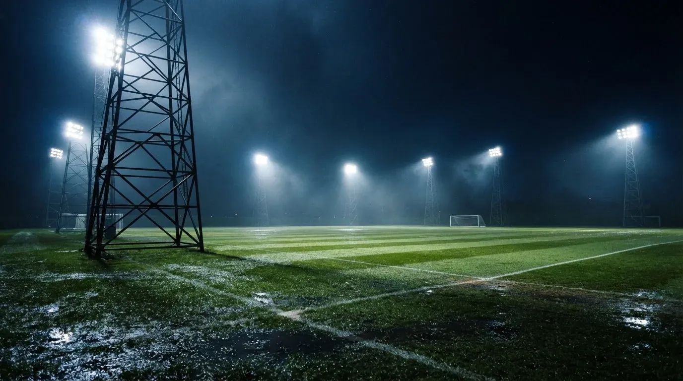 Hohe Flutlichtmasten ragen nachts über einen leeren Trainingsplatz, der Rasen glänzt im weissen Licht.