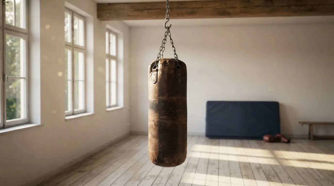 Ein Boxsack hängt an einer Kette in einem leeren Trainingsraum mit hellem Holzboden und grossen Fenstern.
