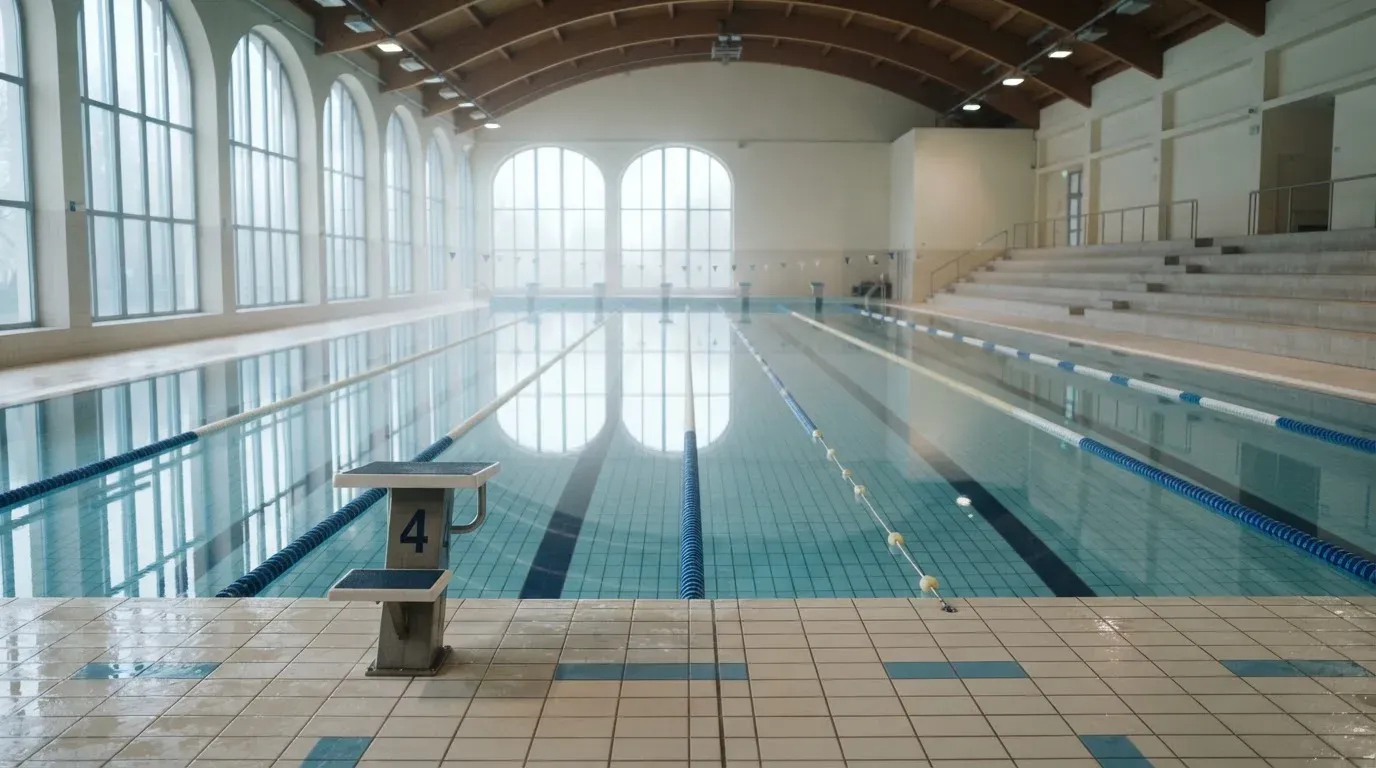 Eine ruhige Schwimmhalle mit glattem Wasser im Becken und gespannten Bahnleinen, Licht fällt durch hohe Fenster.