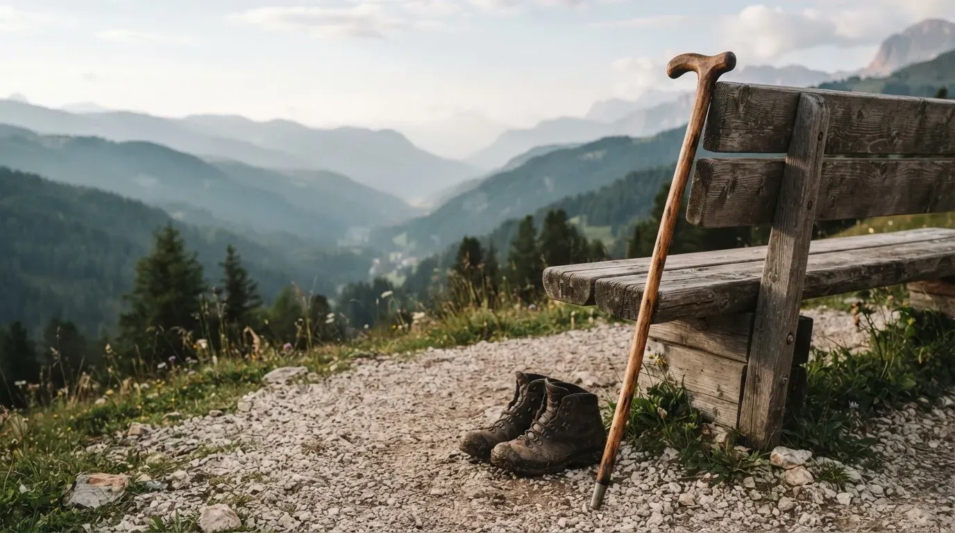 Ein Wanderstock lehnt an einer Holzbank auf einem Aussichtspunkt, dahinter breitet sich ein Tal im Dunst aus.