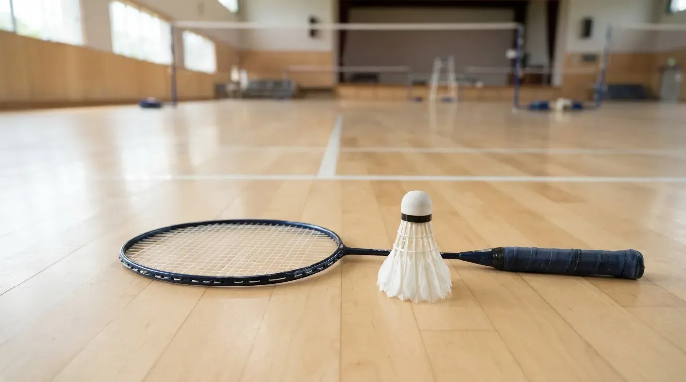 Ein Badmintonschläger liegt neben einem Federball auf dem hellen Hallenboden eines leeren Spielfelds.