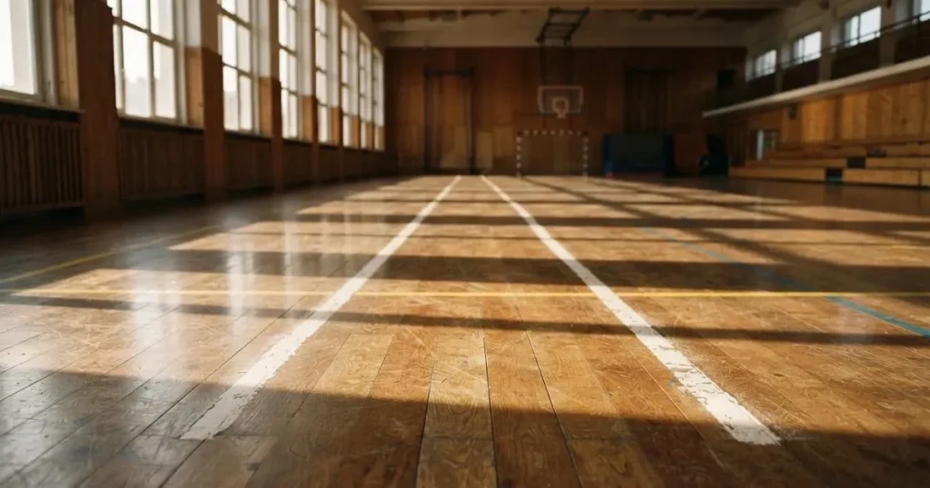 Zwei versetzte Startlinien aus Kreide auf dem Boden einer leeren Sporthalle, das Licht fällt schräg von der Seite.