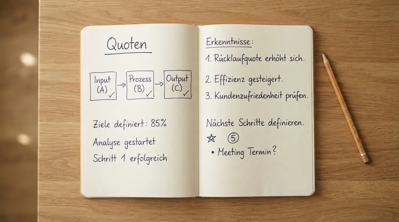 Ein aufgeschlagenes Notizbuch mit handgezeichneten Skizzen aus Kästchen und Pfeilen liegt neben einem Bleistift auf einem hellen Holztisch.