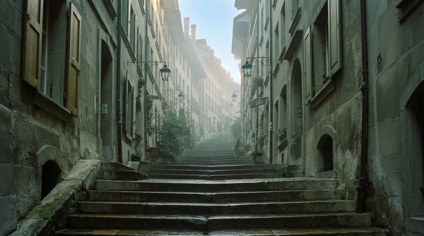 Eine breite Sandsteintreppe in einer Berner Altstadtgasse am frühen Morgen, niemand zu sehen, weiches Licht und leichter Nebel.