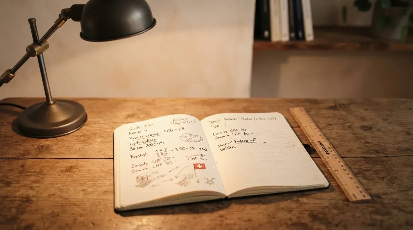 Eine Schreibtischlampe beleuchtet ein kariertes Heft mit handschriftlichen Skizzen, daneben liegt ein Lineal aus Holz.