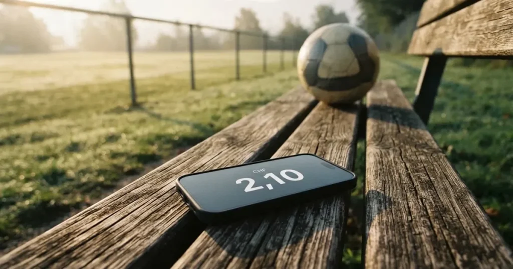 Ein Smartphone mit dunklem Bildschirm liegt neben einem Fussball auf einer Holzbank am Rand eines Trainingsplatzes im Morgenlicht.