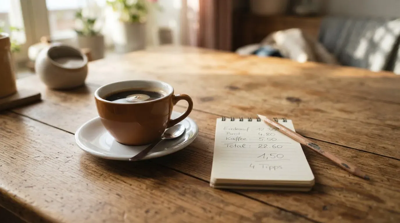 Eine Tasse Kaffee und ein Bleistift liegen auf einem sonnenbeschienenen Küchentisch neben einem leeren Notizblock.