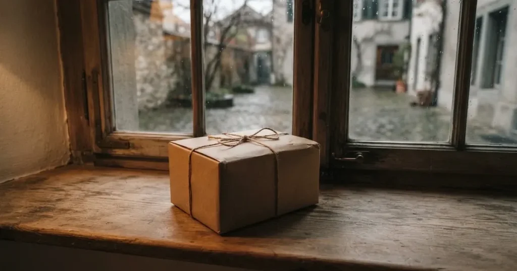 Eine kleine Pappschachtel, mit Schnur zugebunden, steht auf einem Fensterbrett, draussen ein verregneter Hinterhof.