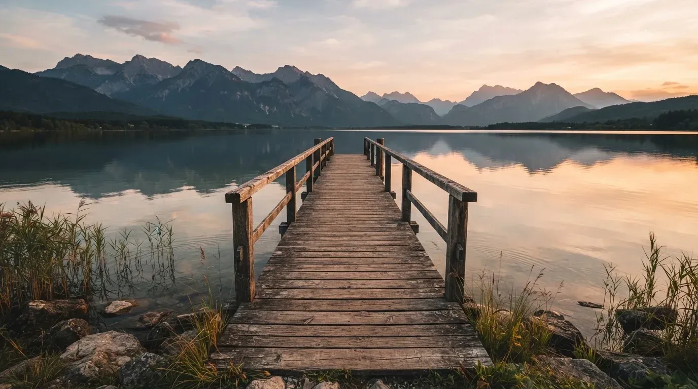 Ein leerer Holzsteg ragt am Abend in einen ruhigen Bergsee, das Wasser spiegelt den Himmel.