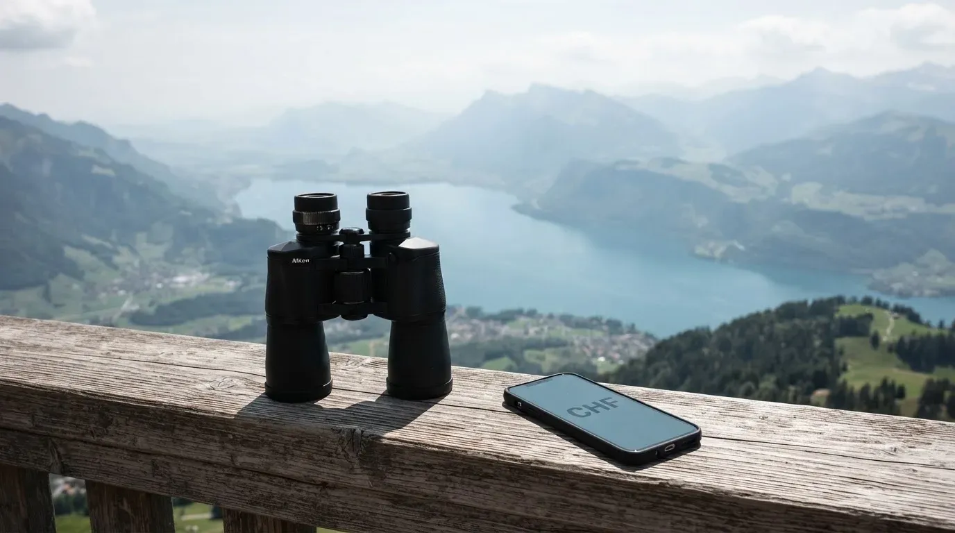 Ein Fernglas liegt auf dem Geländer einer Aussichtsplattform über einem See, dahinter flache Hügel im Dunst.