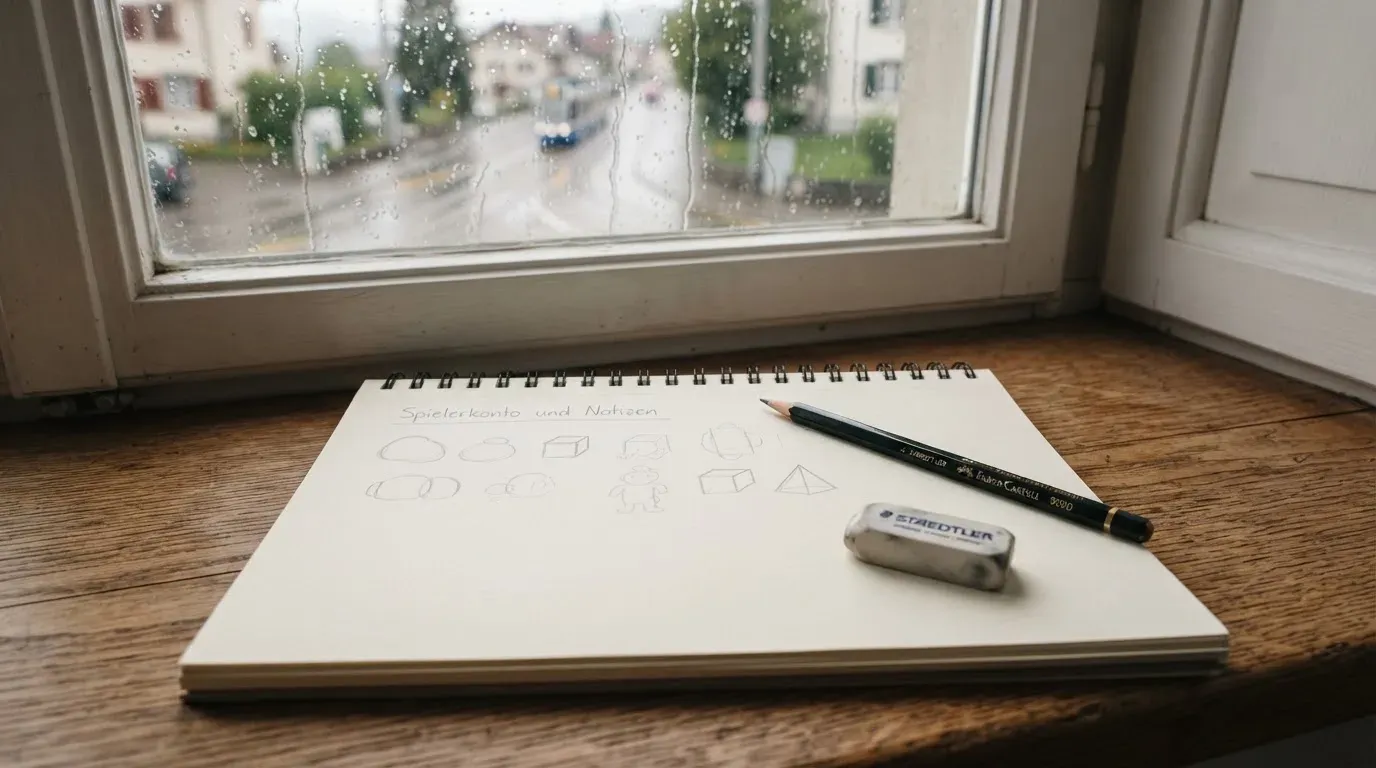 Ein Zeichenblock mit einem Bleistift und einem Radiergummi liegt auf einem Fensterbrett, draussen fällt Regen.
