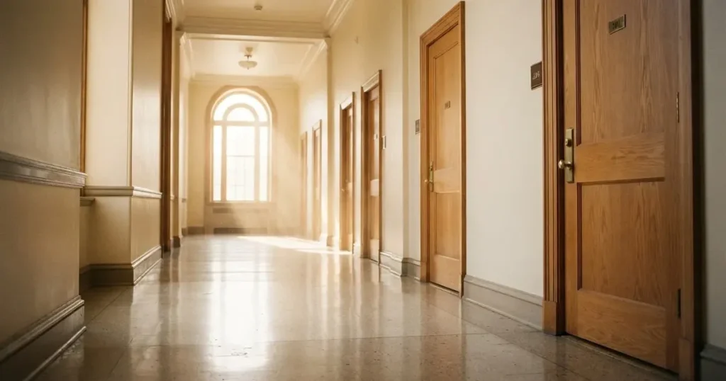 Ein langer Flur mit Holztüren und hellem Boden in einem ruhigen Verwaltungsgebäude, am Ende fällt Tageslicht durch ein Fenster.