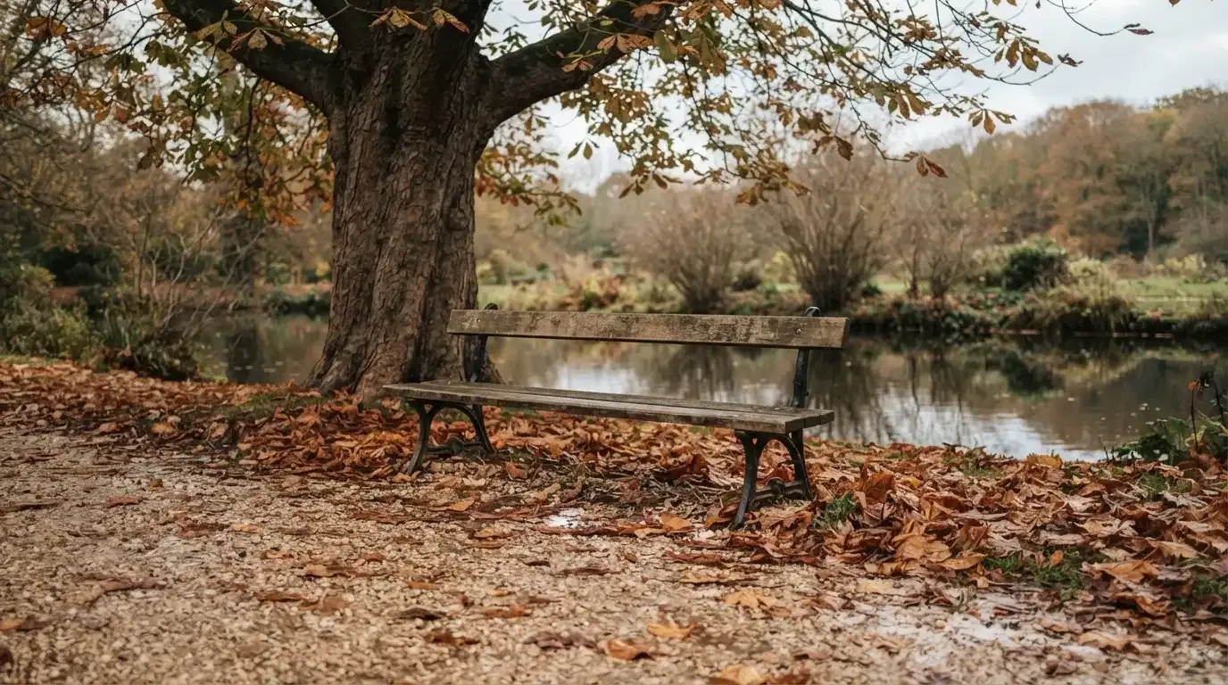 Eine Parkbank unter einer Kastanie, Herbstlaub bedeckt den Kiesweg, im Hintergrund ein stiller Teich.