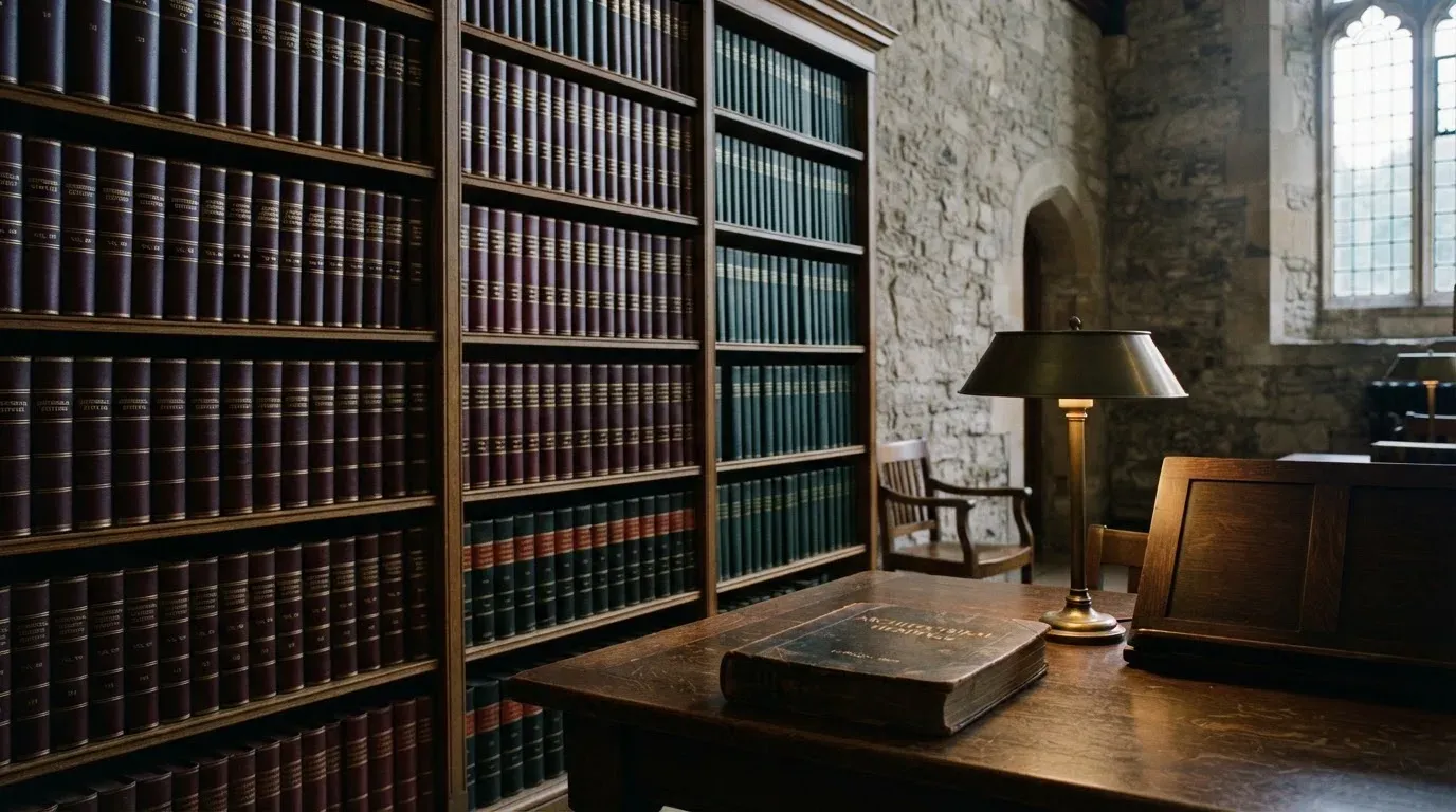 Ein Bücherregal mit ledergebundenen Bänden in dunklen Farben in einer stillen Bibliothek, davor ein Lesetisch.