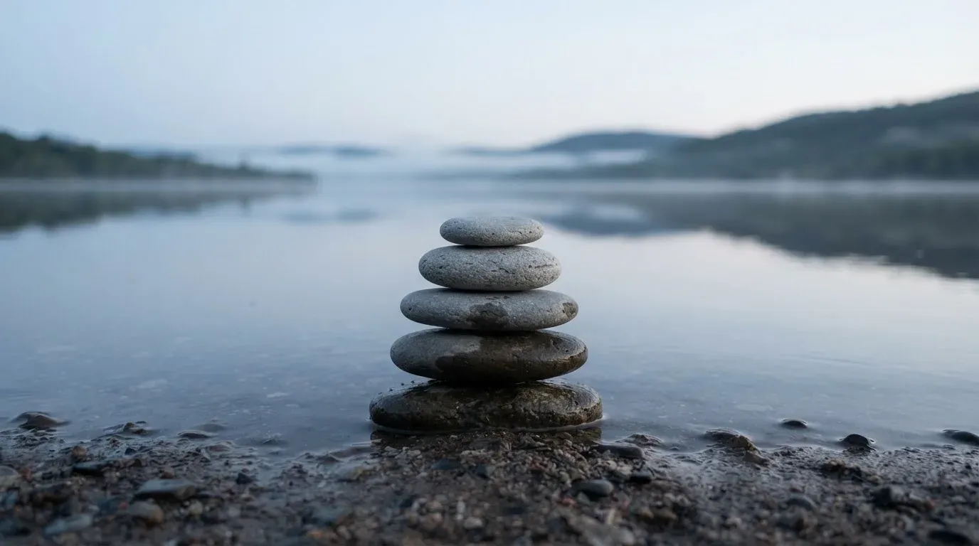 Ein Stapel flacher Kieselsteine liegt am Seeufer in der Morgendämmerung, das Wasser ist spiegelglatt.