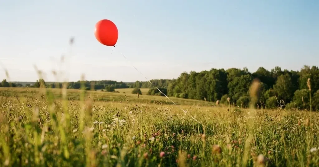 Ein roter Luftballon schwebt an einer dünnen Schnur über einer Sommerwiese, der Himmel dahinter ist klar.