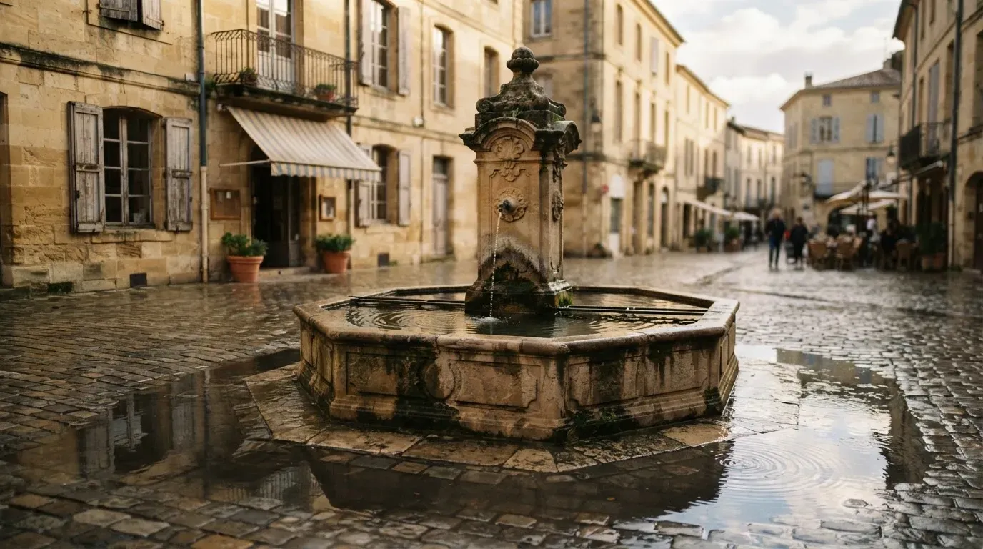 Ein Brunnen auf einem Altstadtplatz zwischen Sandsteinfassaden, nasses Kopfsteinpflaster nach einem Regenschauer.