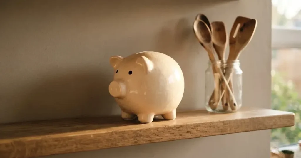 Ein Sparschwein aus Keramik steht auf einem Küchenregal neben einem Glas mit Holzlöffeln.