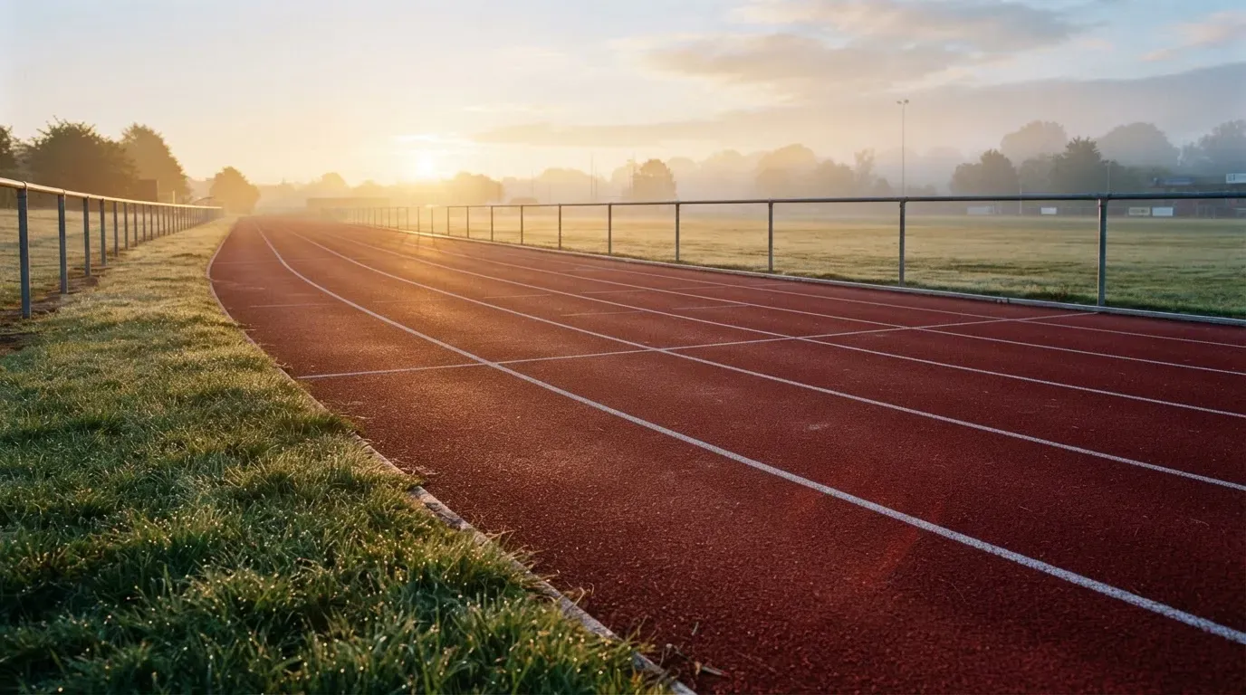 Eine leere Tartanbahn einer Leichtathletikanlage am frühen Morgen, Tau auf den Rasenflächen daneben und tiefstehende Sonne.