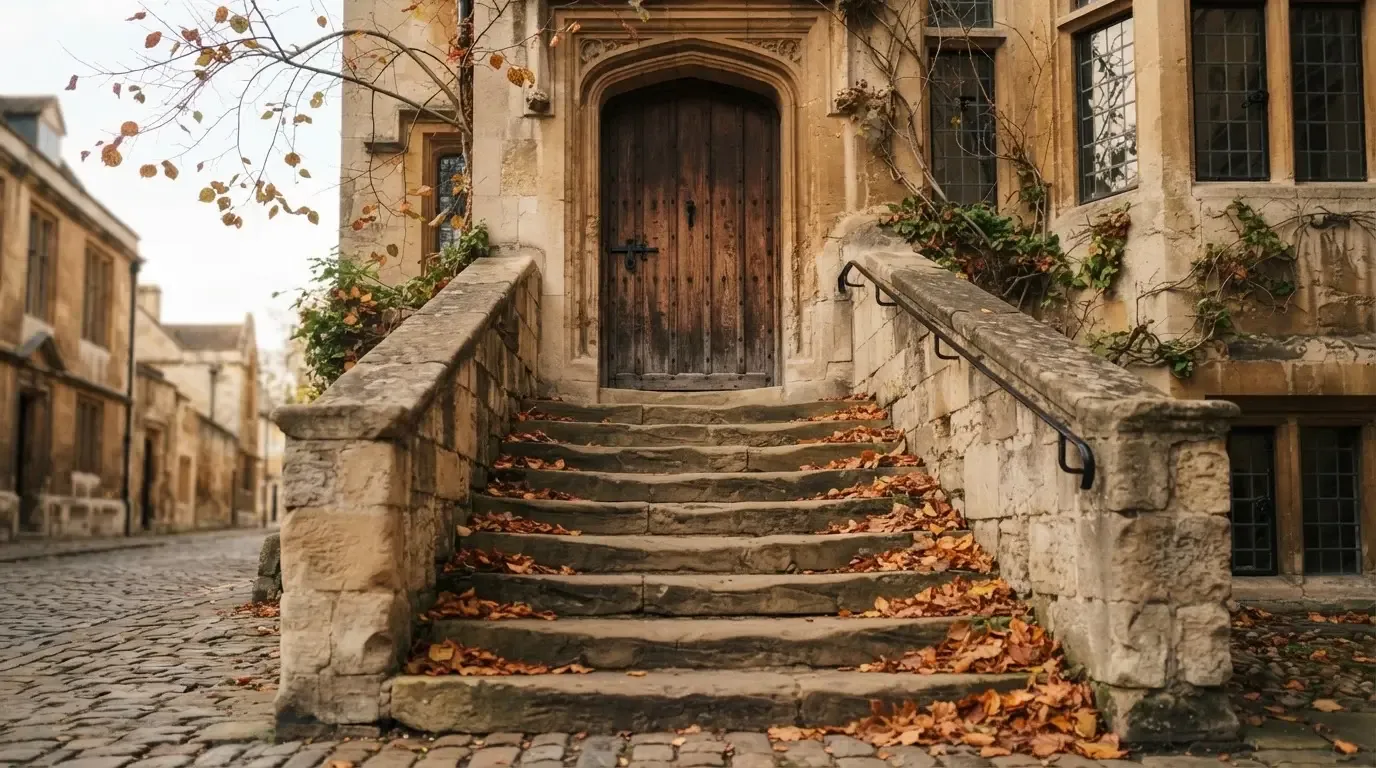 Eine Steintreppe mit Geländer führt zu einer hohen Holztür eines alten Gebäudes, Herbstlaub liegt auf den Stufen.
