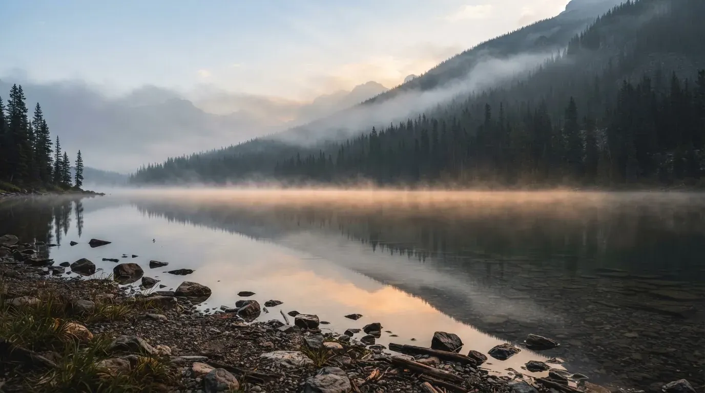 Ein ruhiger Bergsee mit Nebel am Ufer bei Sonnenaufgang, am Hang dahinter dunkle Tannen.
