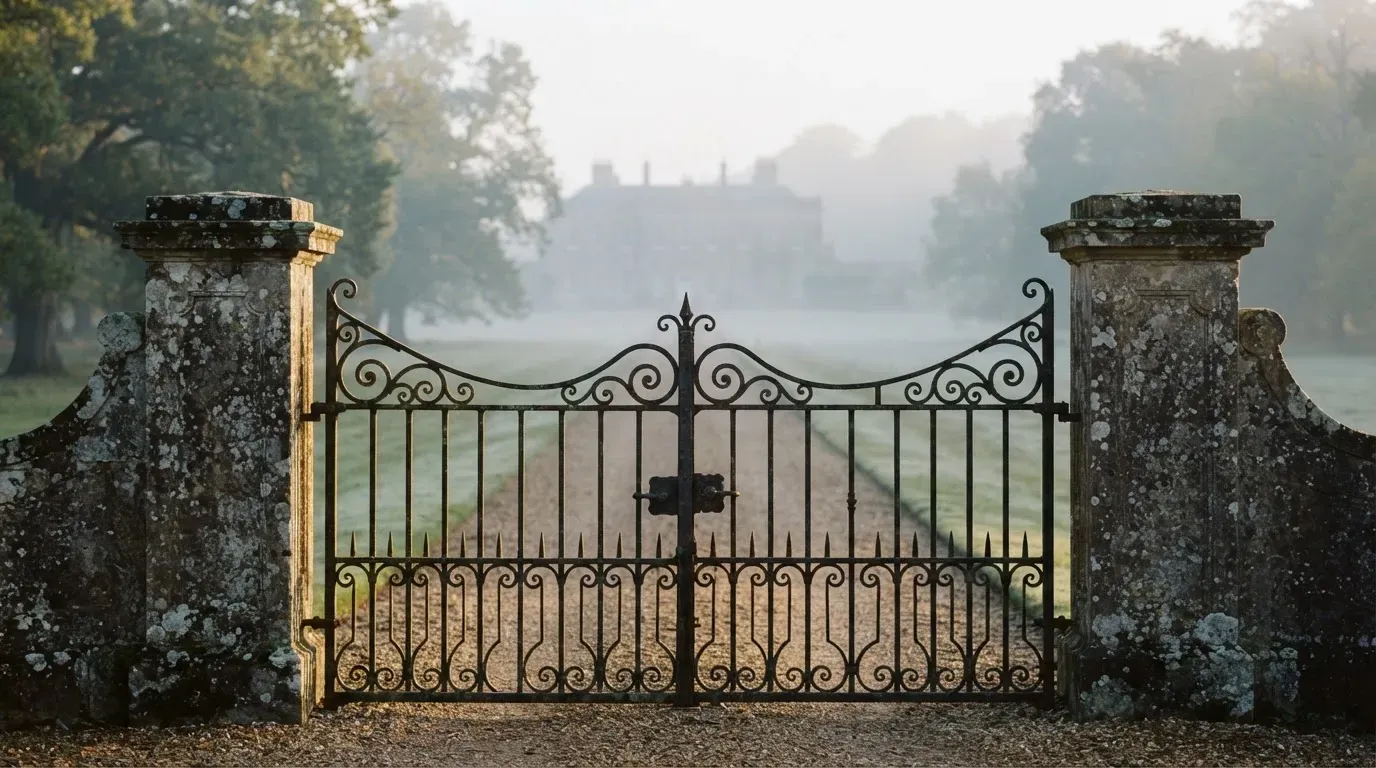 Ein schmiedeeisernes Gartentor zwischen zwei Steinpfosten am Ende einer Kiesallee, dahinter ein Herrenhaus im Dunst.